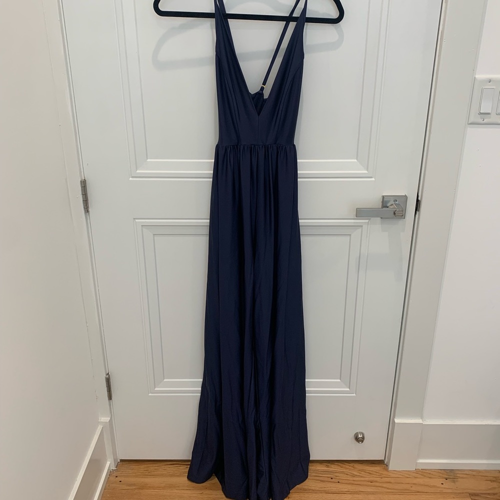 Urban Outfitters Gia Plunging Shimmer Jumpsuit in navy size S